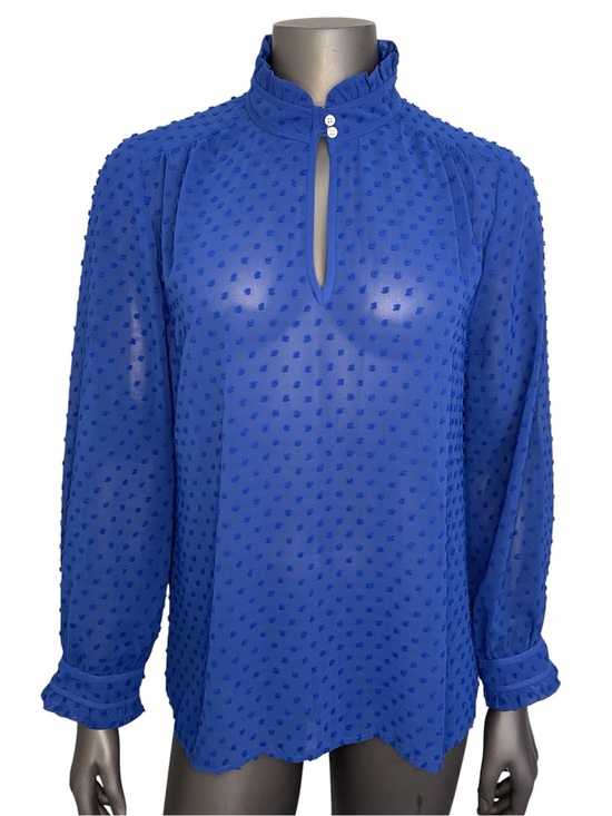 J. Crew Tops - J. Crew Blouse 12 Blue Sheer Swiss Dot Ruffle High-Neck Keyhole Long Sleeve